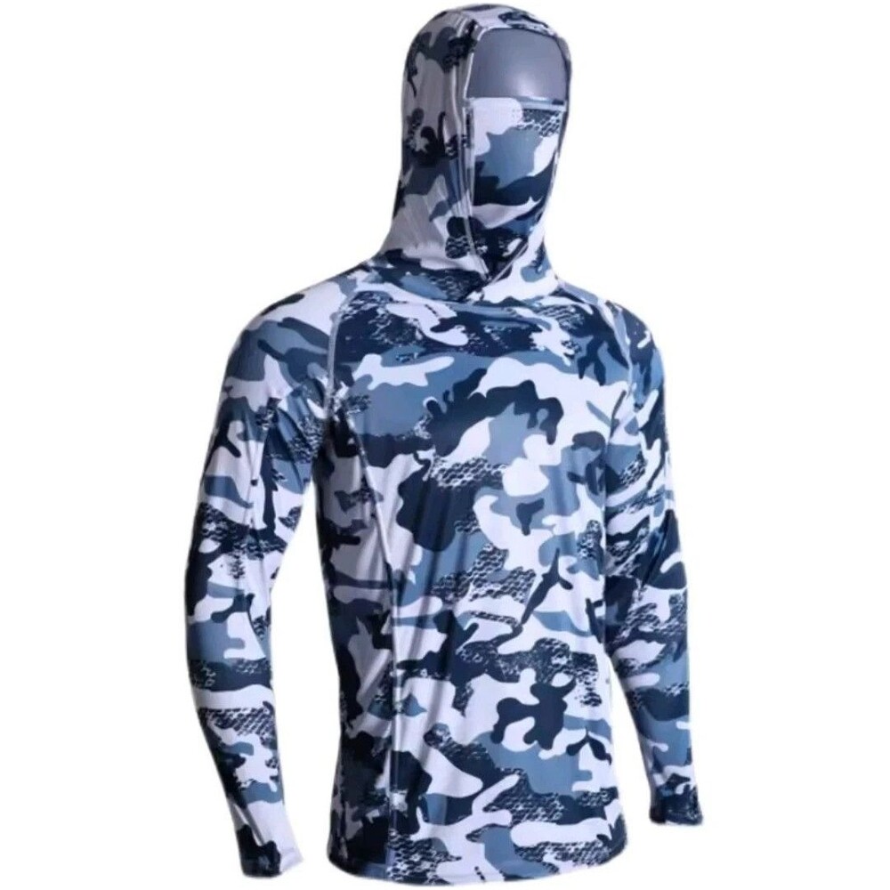 Men's XL Blue Camo Sun Protection Hoodie Long Sleeve Fishing Shirt Face Mask